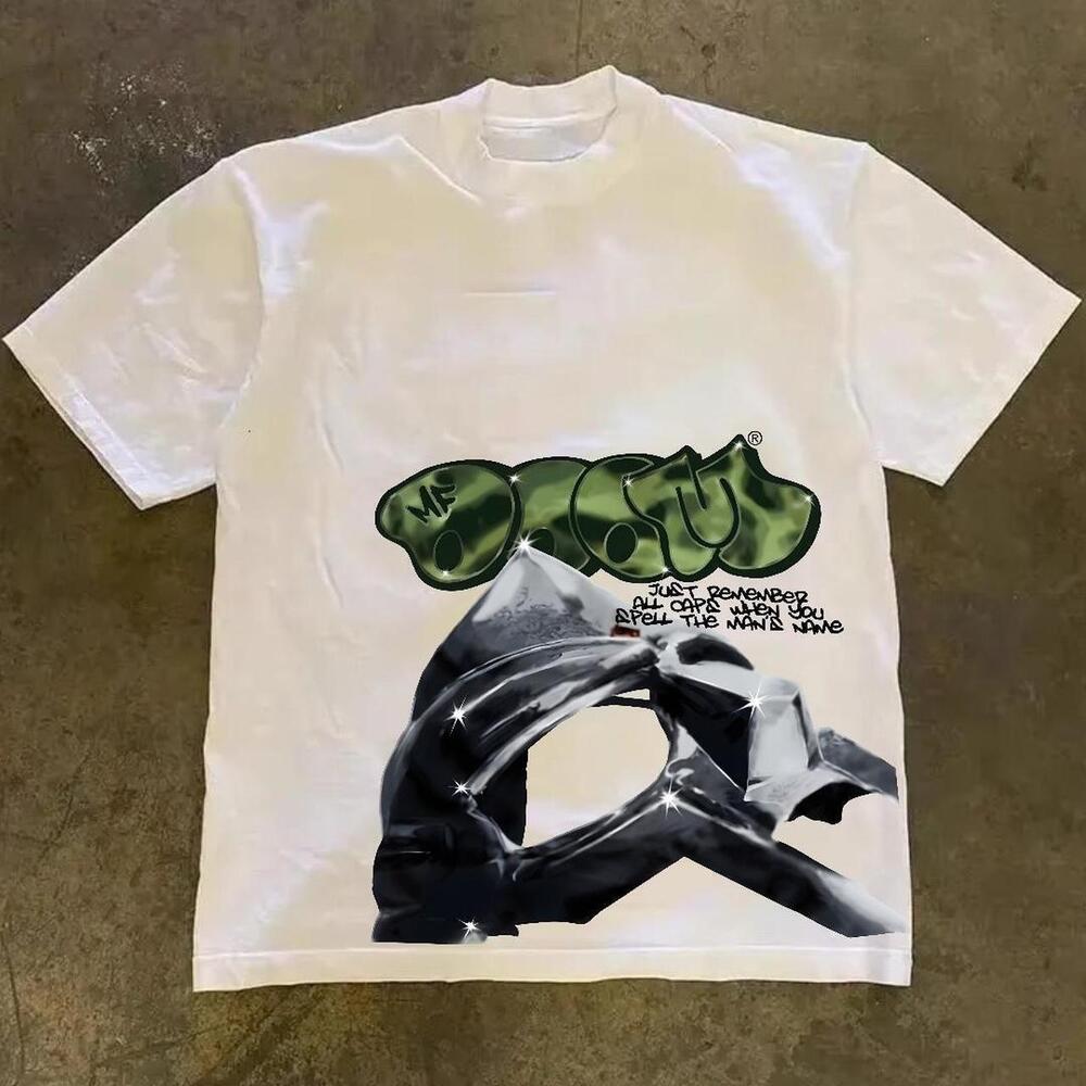 Gildan Men White T-Shirt, White And Green Graffiti Tee